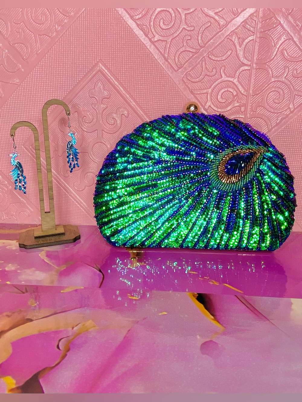 🎀🌷🦚 Blue & Green Sequin Peacock Clutch Bag w/ Earrings Set 🦚🌷🎀 NWT